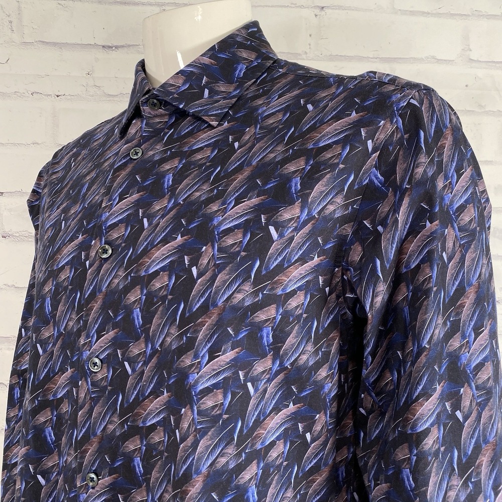 Bugatchi Shirt Men's Large Button Up Blue Purple Floral 8 Way Stretch Cotton